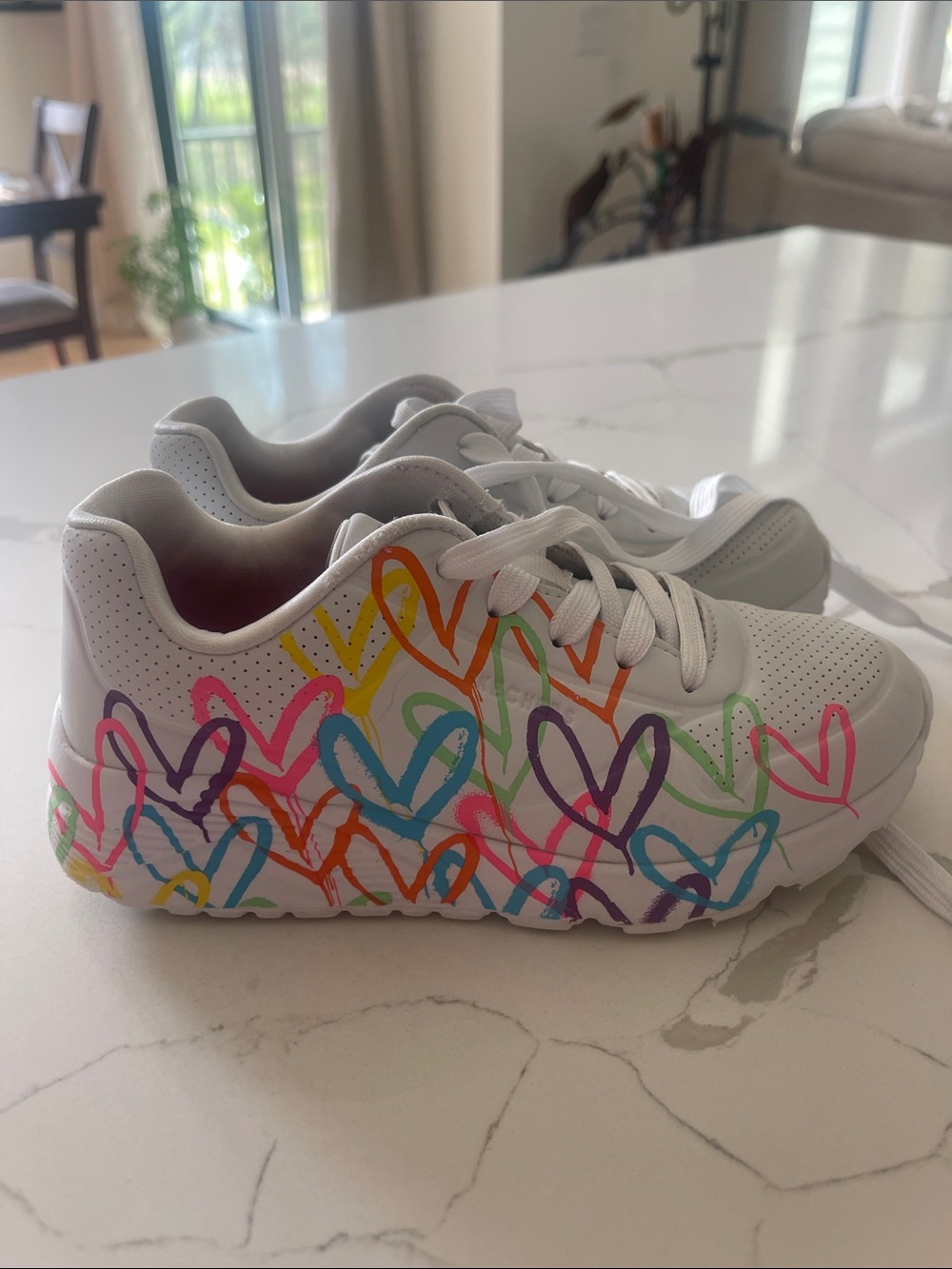 Skechers White Kids Sneakers with Multicolor Heart Graphics